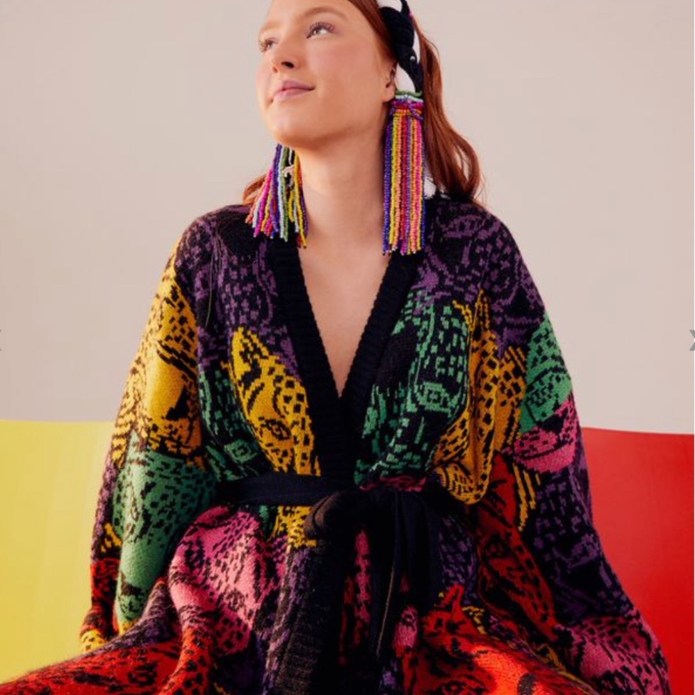 NWT FARM Rio Rainbow Midnight Leopards Belted Cardigan Size XS.